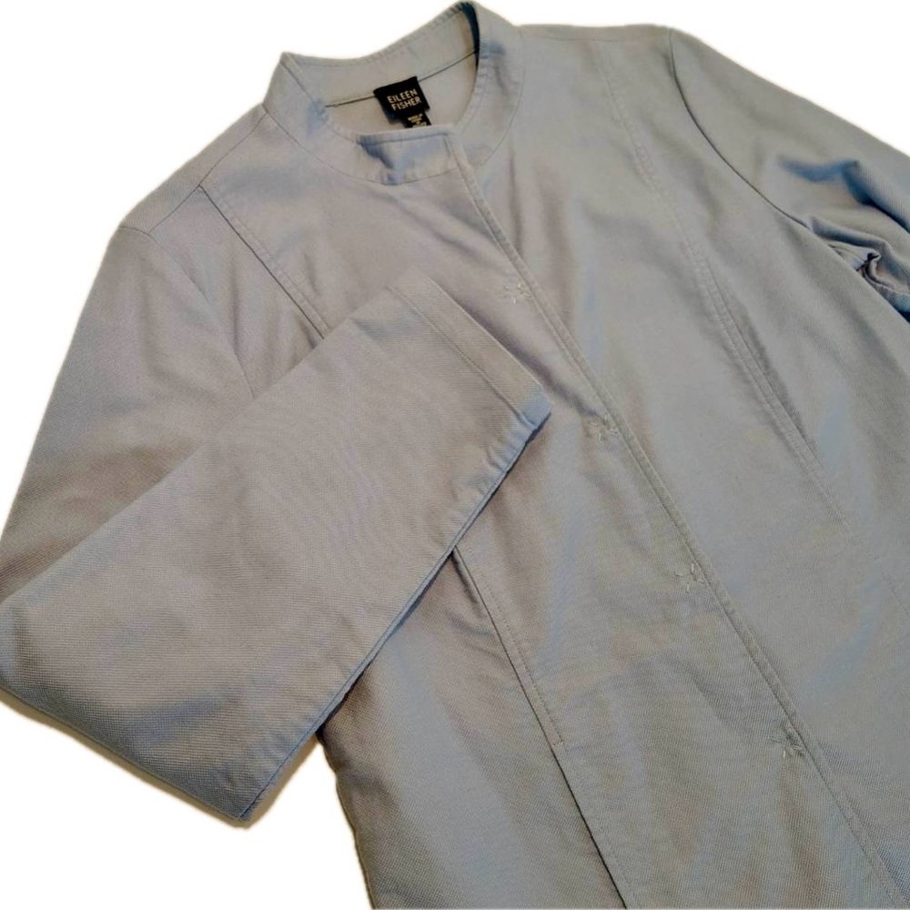 Eileen Fisher Button Up Jacket Women M Blue Mandarin Collar Embroidered Stretch